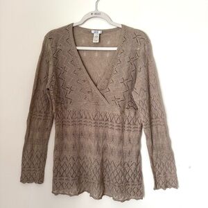 Cache V-Neck tan pointelle Knit Babydoll Sweater